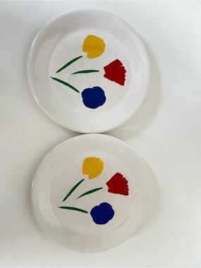 Vintage Marimekko Three Flowers Primary Tulip Small Plates Set of 2 Scandinavian